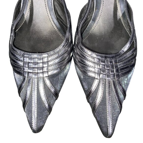 Enzo Angiolini Silver leather basket mesh weave Slingback Pointed Toe Heels - Picture 3 of 13